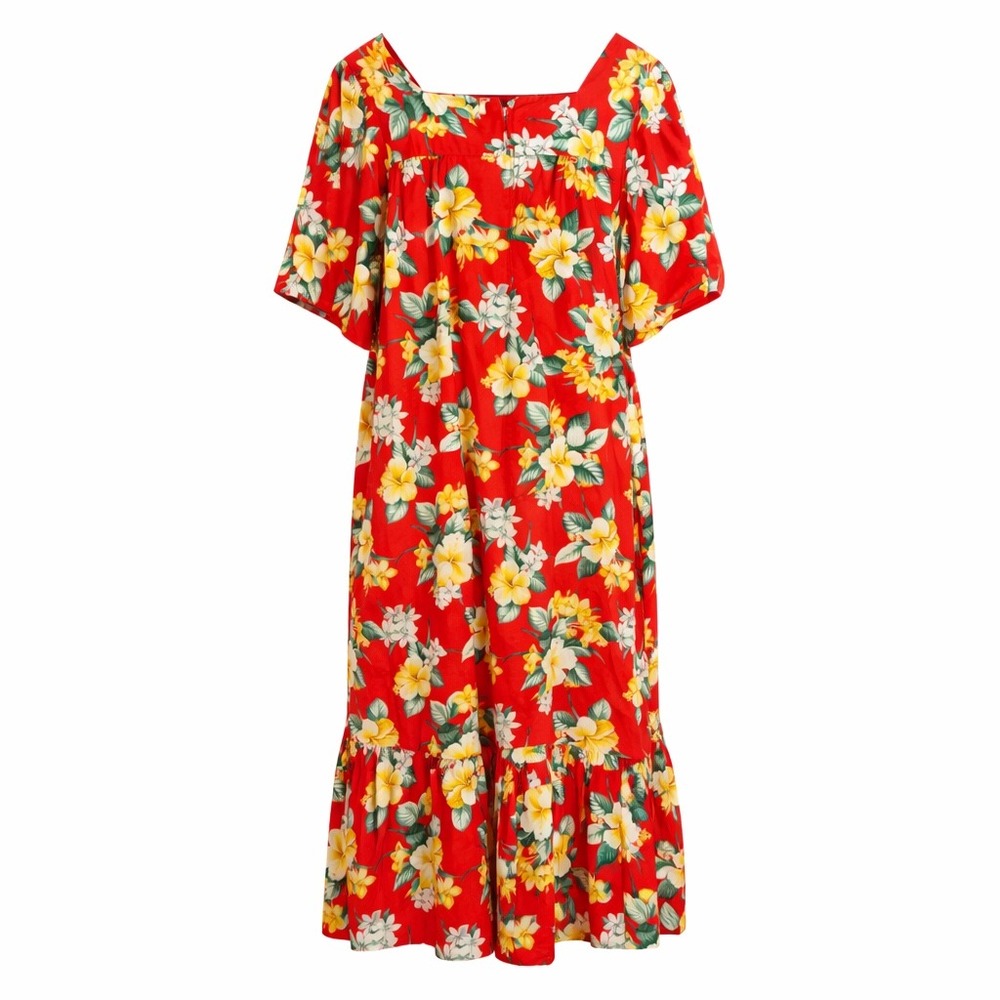 Vtg‎ ChinLan Hawaii Red Floral Cotton Muumuu Dress 3XL Square Neck Ruffle Hem